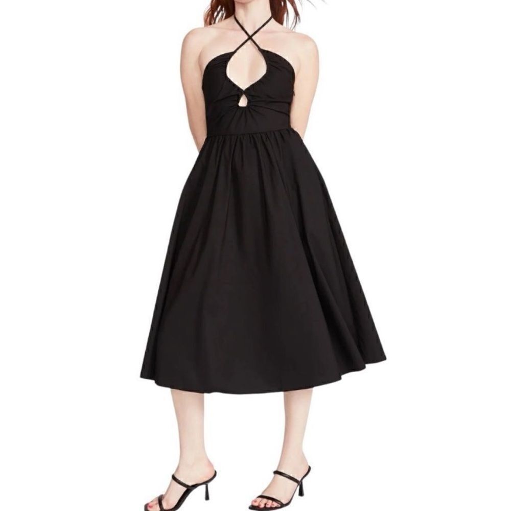 Steve Madden Anais Black Halter Midi Dress NWT Medium Cut Out Smocked Back
